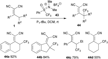 
          Trifluoromethylation of α,α-dicyanoalkenes.