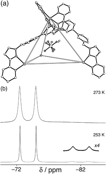 (a) Crystal structure of the complex cation of [Co4(Lbiph)6(PF6)](PF6)7, with only two ligands shown for clarity; (b) 19F NMR spectra at different temperatures showing the ‘freezing out’ of internal/external anion exchange (the doublets arise from coupling to 31P of the hexafluorophosphate).