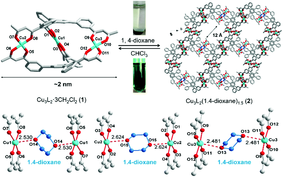 Reversible metal-organic cage MOC(top left)-MOF(top right) metal-organic framework transition mediated by the addition of 1,4-dioxane. Coordination bonds between 1,4-dioxane shown (bottom image).
